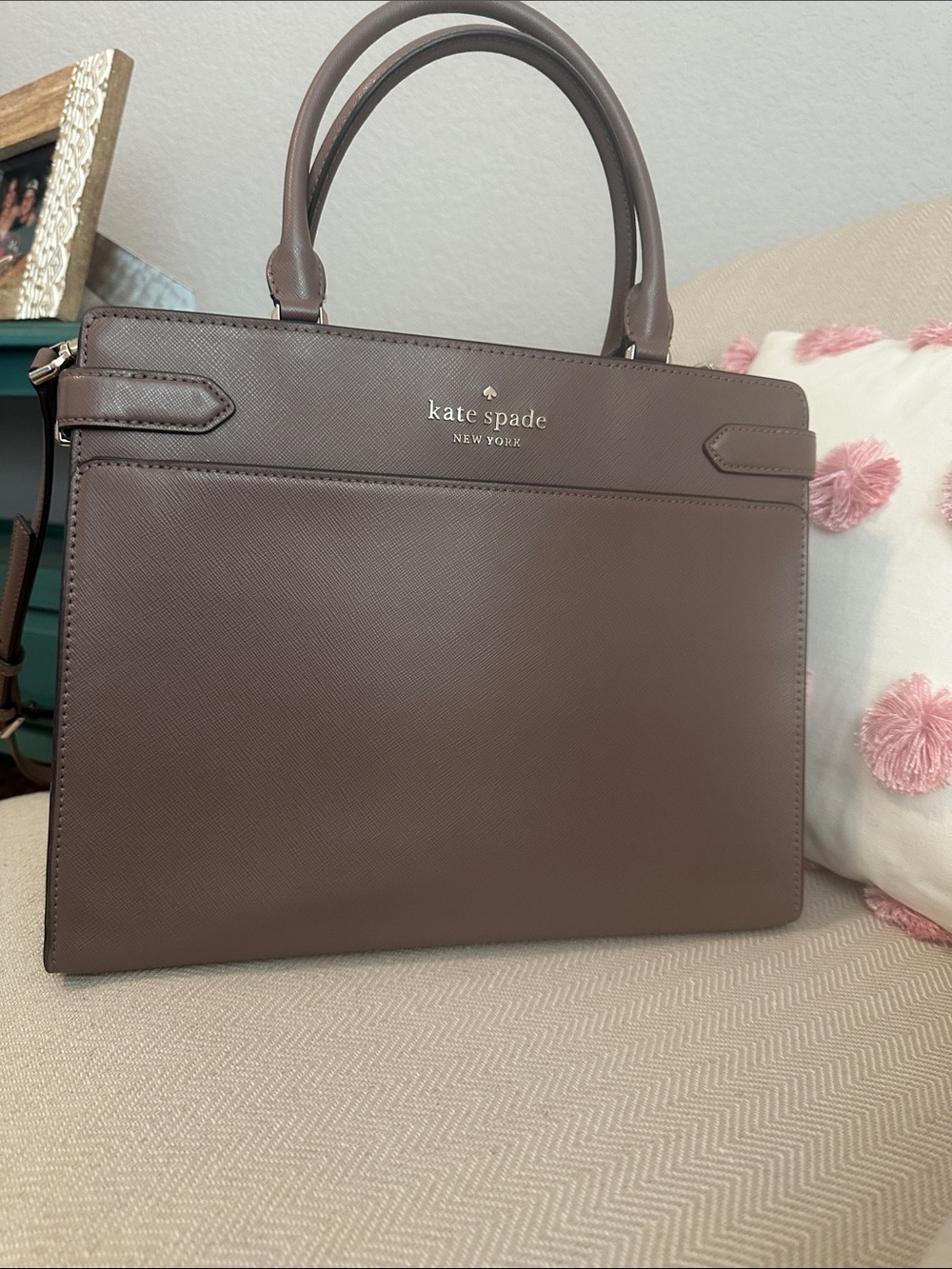 kate spade brown/taupe leather satchel with detachable strap